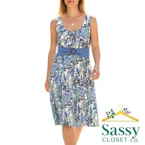 ✨ PERCEPTIONS Blue Green Abstract Print Belted Midi Dress M EUC 👗